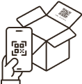 커피 박스의 QR 코드를 스캔하는 휴대폰의 아이콘