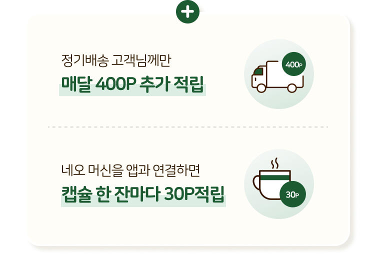 정기배송 고객님께만 매달 400P 추가 적립 네오 머신을 앱과 연결하면 캡슐 한 잔마다 30P적립